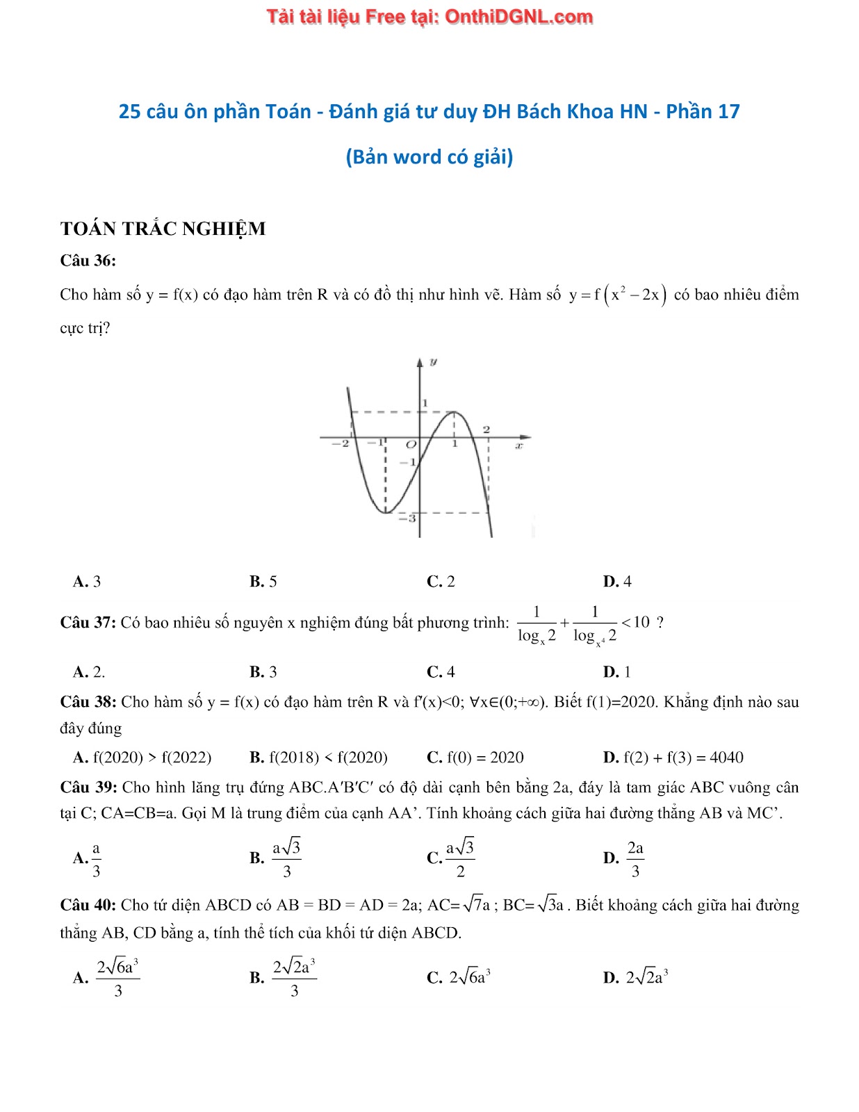 475 bài tập môn Toán - Ôn thi ĐGTD ĐH Bách Khoa Hà Nội Phần 17