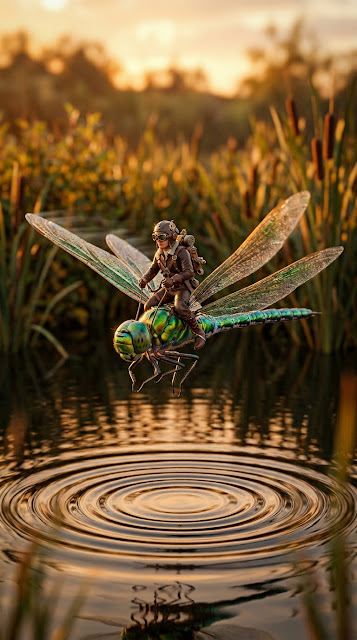Tiny Steampunk Aviator Riding a Mechanical Green Dragonfly over Water - Free mobile Wallpaper