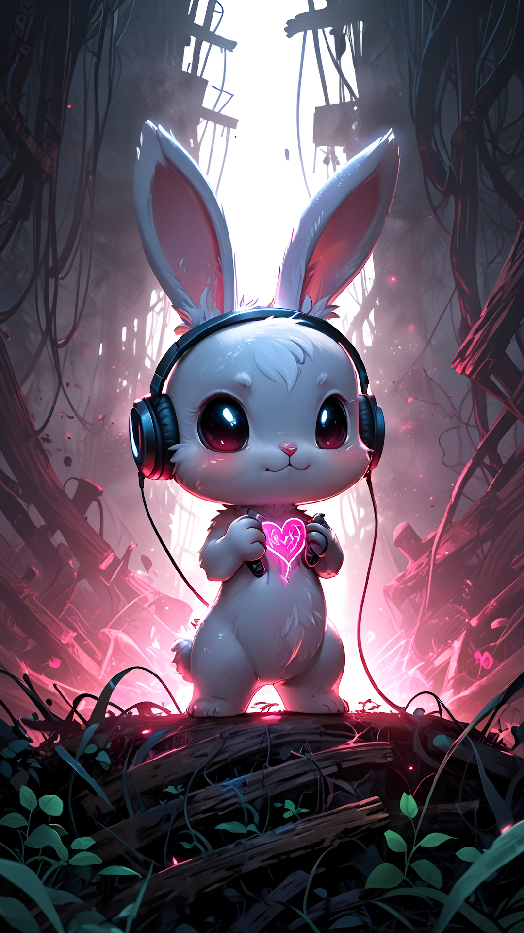 Cute Chibi Bunny Wearing Headphones and Glowing Heart - Free 4K mobile Wallpaper