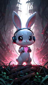 Cute Chibi Bunny Wearing Headphones and Glowing Heart