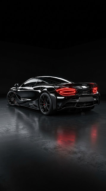 Rear View of a Sleek Black Supercar with Glowing Red Neon Taillights - Free mobile Wallpaper