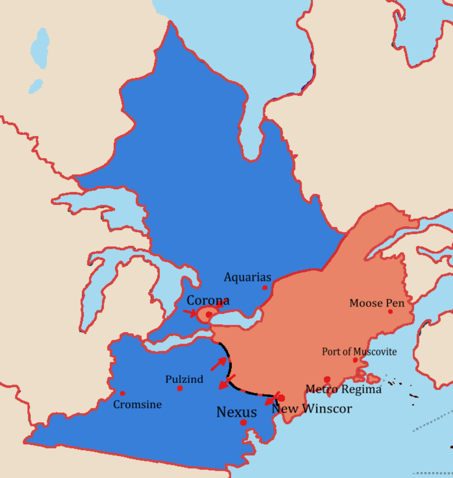 Frontlines and main offensives in April 1921. The siege of Corona continues, and trench warfare across the Tango-Line begins. Areas controlled by the Elysian Whites and their offensive marked in blue. Areas controlled by the Revolutionary Guard and their offensive marked in red.