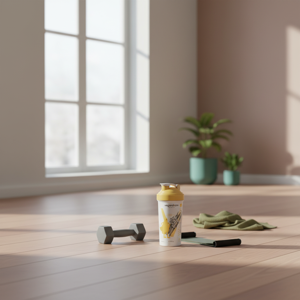 Nahaufnahme von Hantel, Widerstandsband und Vegardians-Shaker auf Holzboden in minimalistischem, hellem Wohnzimmer bei Winterlicht — beine po trainingshäufigkeit