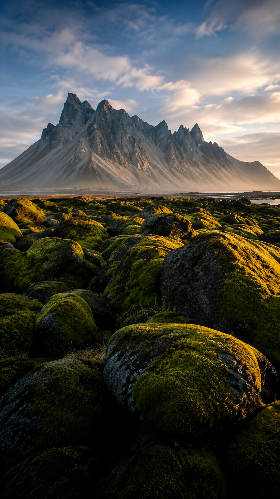 Iceland Mossy Volcanic Rocks Vestrahorn Mountain - Free 8K and 4K mobile Wallpaper Background