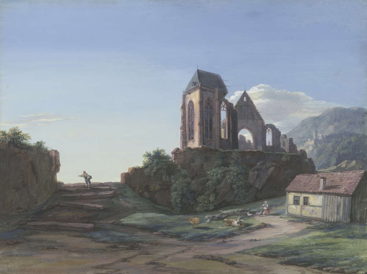 Eine gotische Kirchenruine im Hintergrund eine Burg vorne bei einer Hütte Schafe