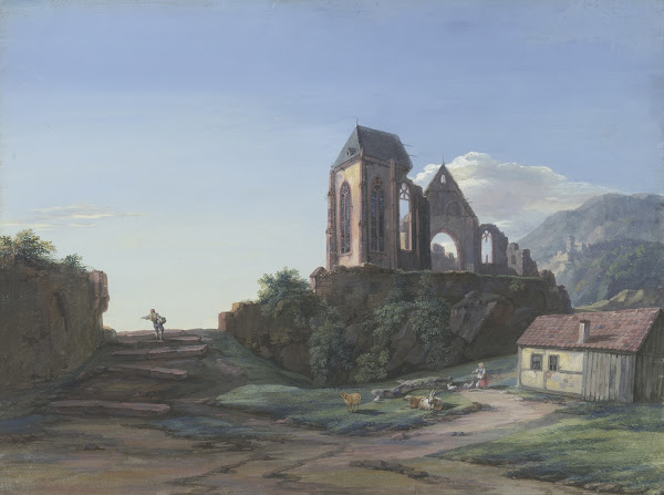 Eine gotische Kirchenruine im Hintergrund eine Burg vorne bei einer Hütte Schafe