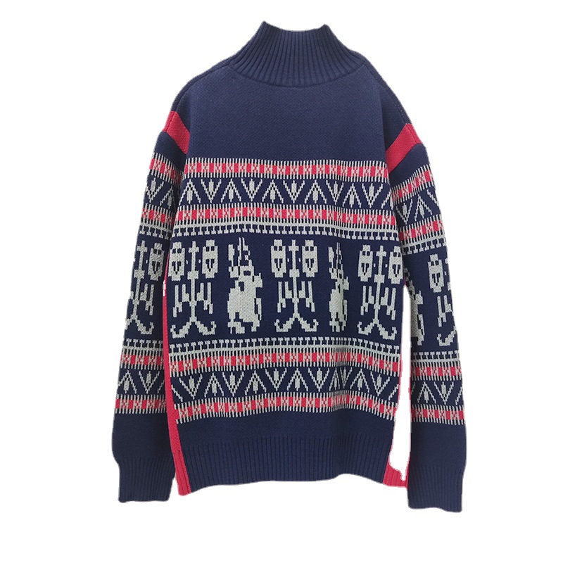 Unisex knitted sweater with geometric pattern, stand-up collar