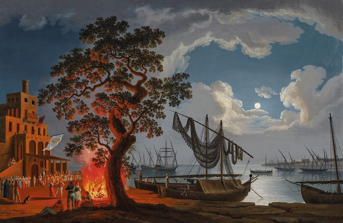 A customs house with dancers and musicians next to a fire boats in a bay beyond
