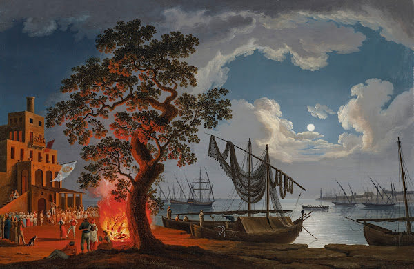 A customs house with dancers and musicians next to a fire boats in a bay beyond