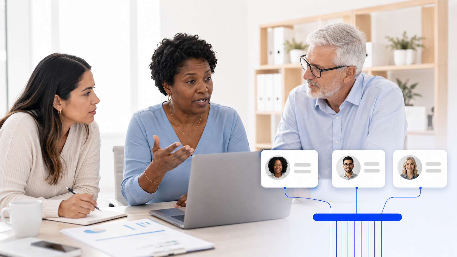 A staffing agency team reviewing their candidate data together