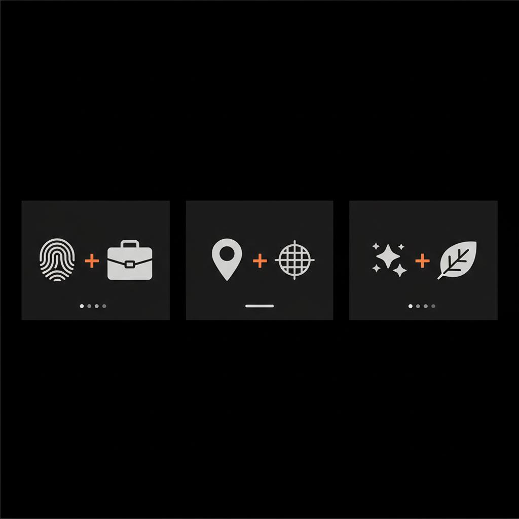 Minimal vector infographic showing three icon-based formulas for creating Instagram names: fingerprint plus briefcase, location pin plus target, star plus leaf on black background.