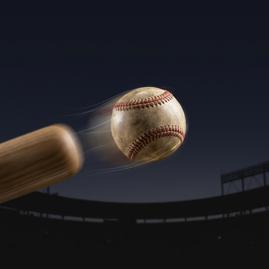 Close up of a baseball leaving the bat with wind lines and park silhouette illustrating Why Baseball Has High Day-to-Day Variance in environmental effects