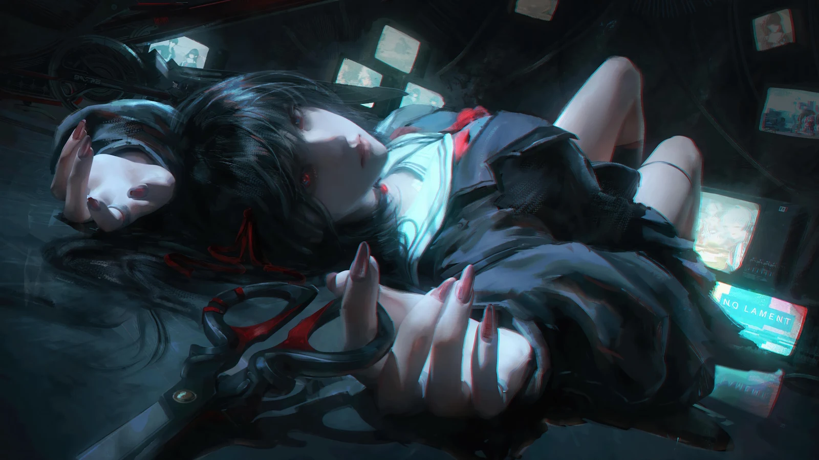 Dark Anime Girl With Scissors - Digital Anime Art 4K Wallpaper (3840x2160)