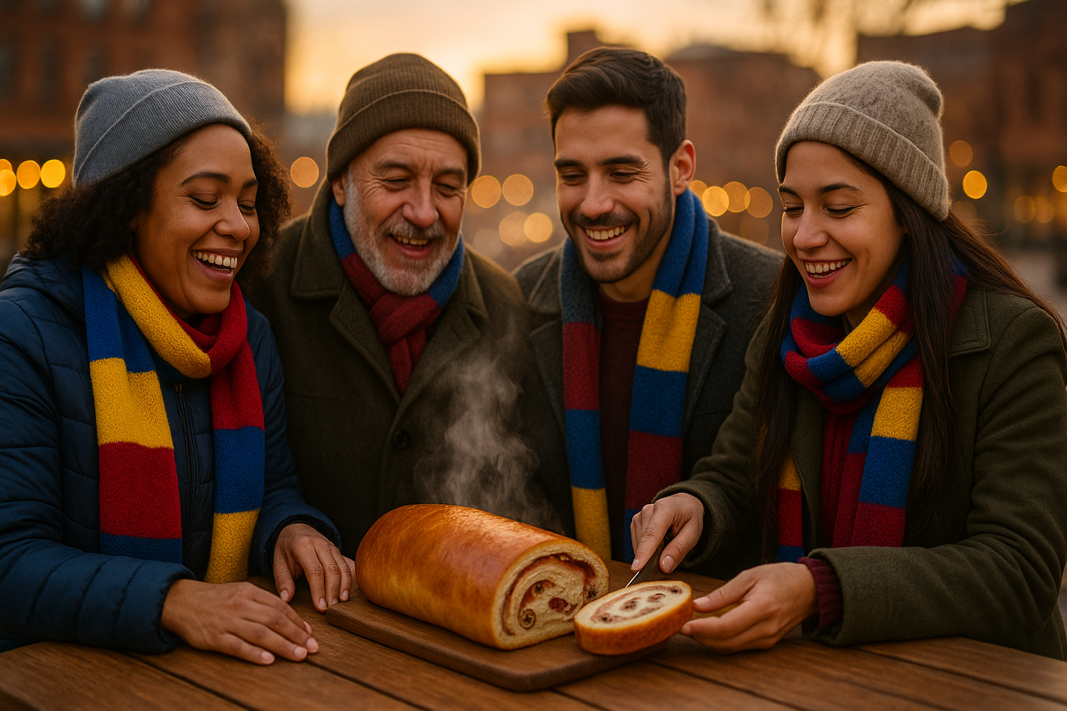 Venezolanos compartiendo pan de jamón en una reunión comunitaria en invierno