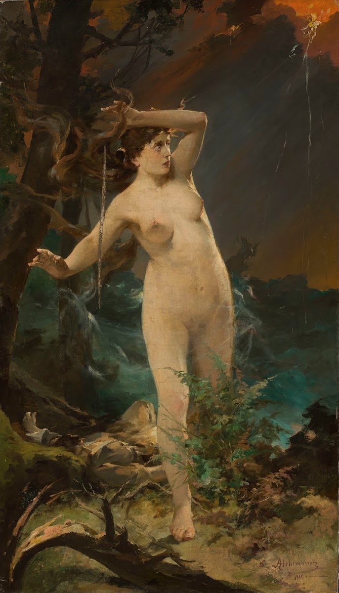 Milda  female nude against the landscape of rough sea 1910