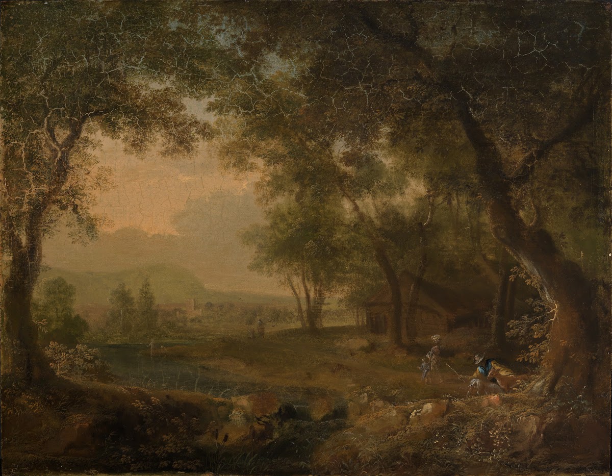 Blick aus dem Wald in eine abendliche Landschaft ca 1743 1745