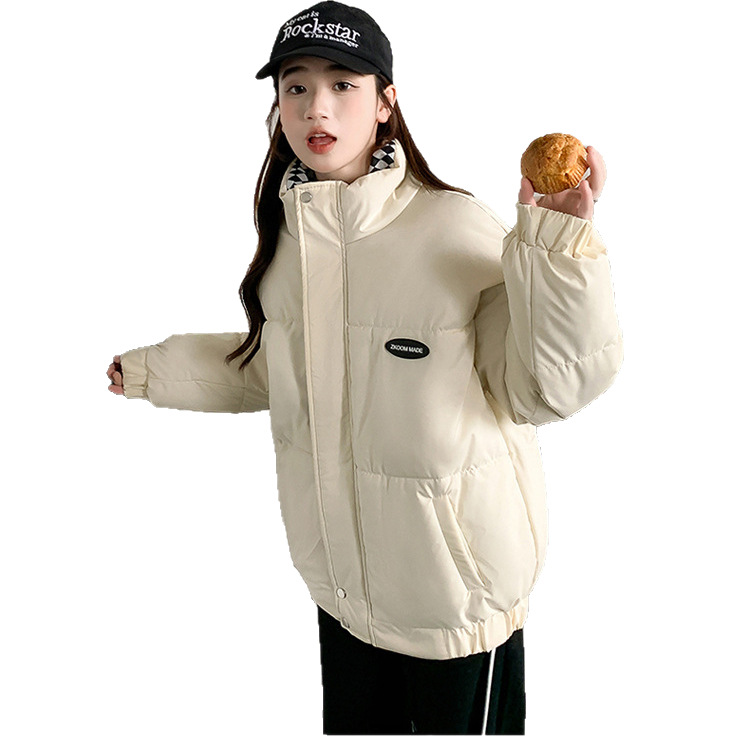 Loose padded winter jacket with stand-up collar