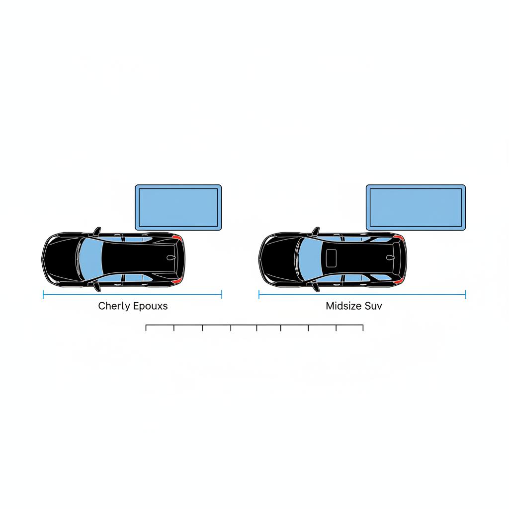 Top down minimalist 2D vector infographic comparing exterior length and cargo volume of a chevy equinox suv and a typical midsize suv using proportional silhouettes and scaled cargo boxes