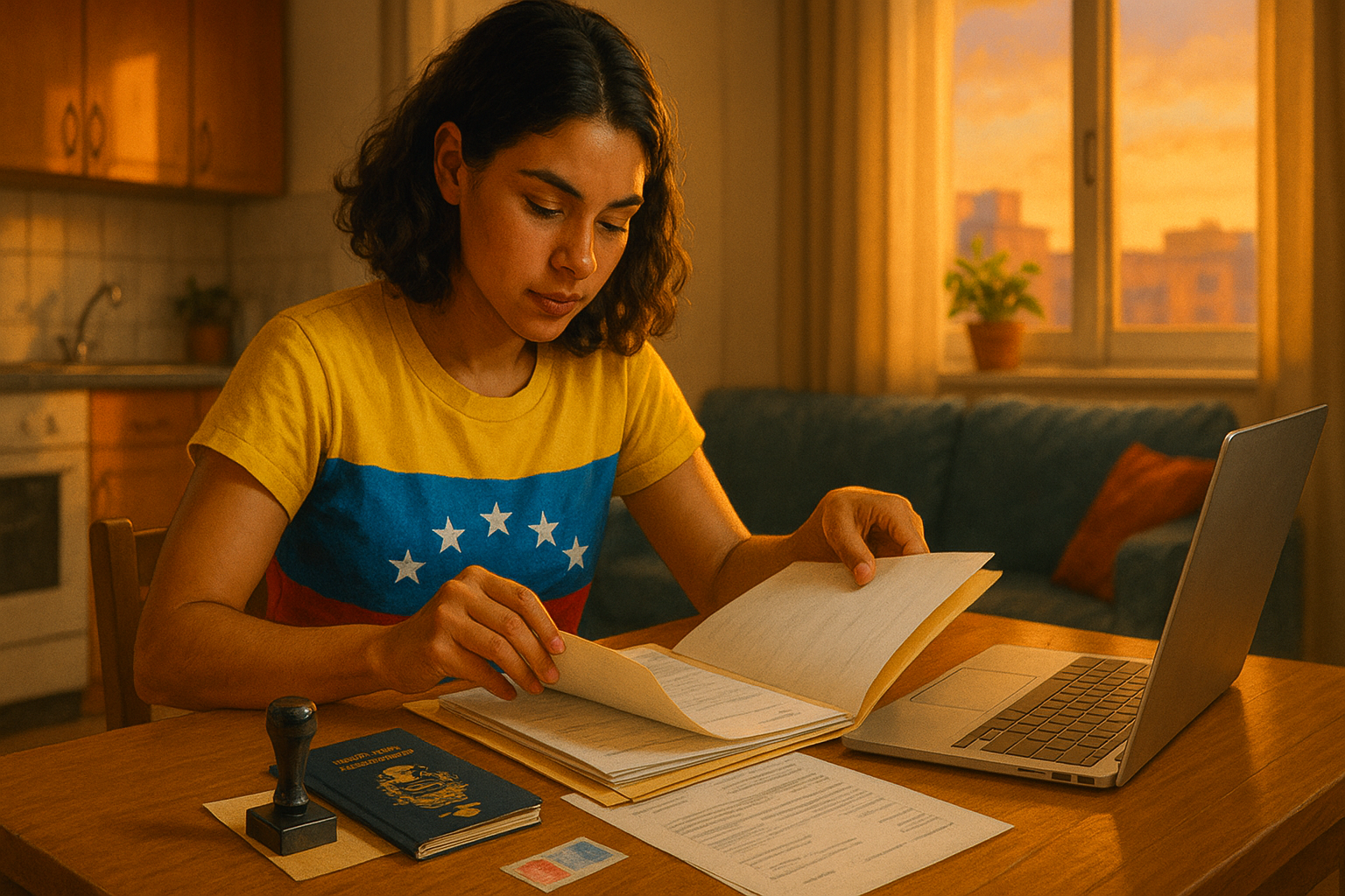 Carpeta con documentos y pasaporte, guía de trámites para venezolanos migrantes