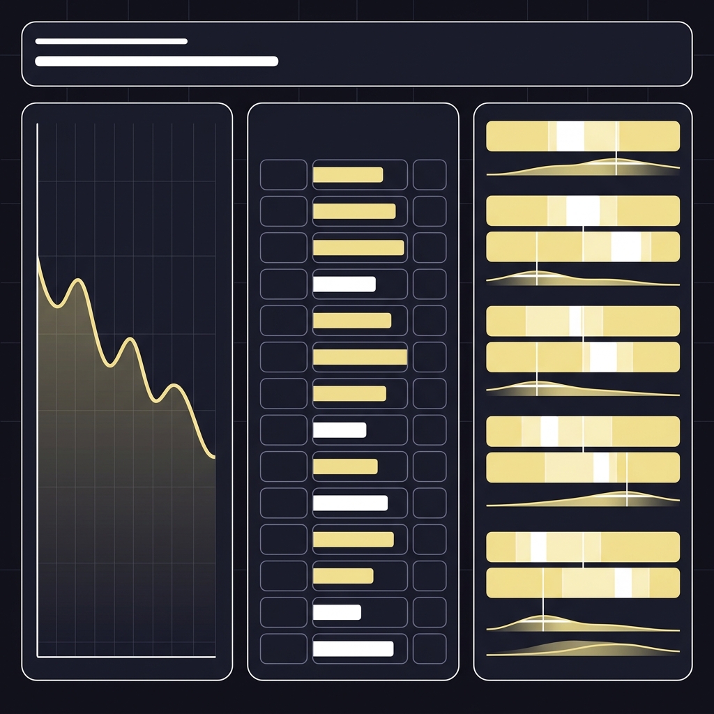Minimalist 2D vector dashboard mockup showing a Brier score time series chart a coverage table and percentile distribution bars for upcoming matches illustrating Using Confidence Ranges Instead of Exact Predictions