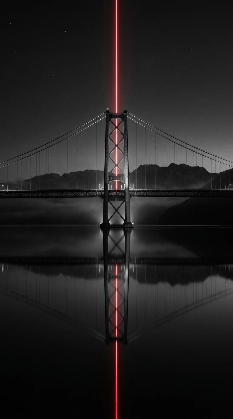 Long Exposure of a Bridge with a Sharp Red Light Beam and Water Reflection - Free 4K mobile Wallpaper