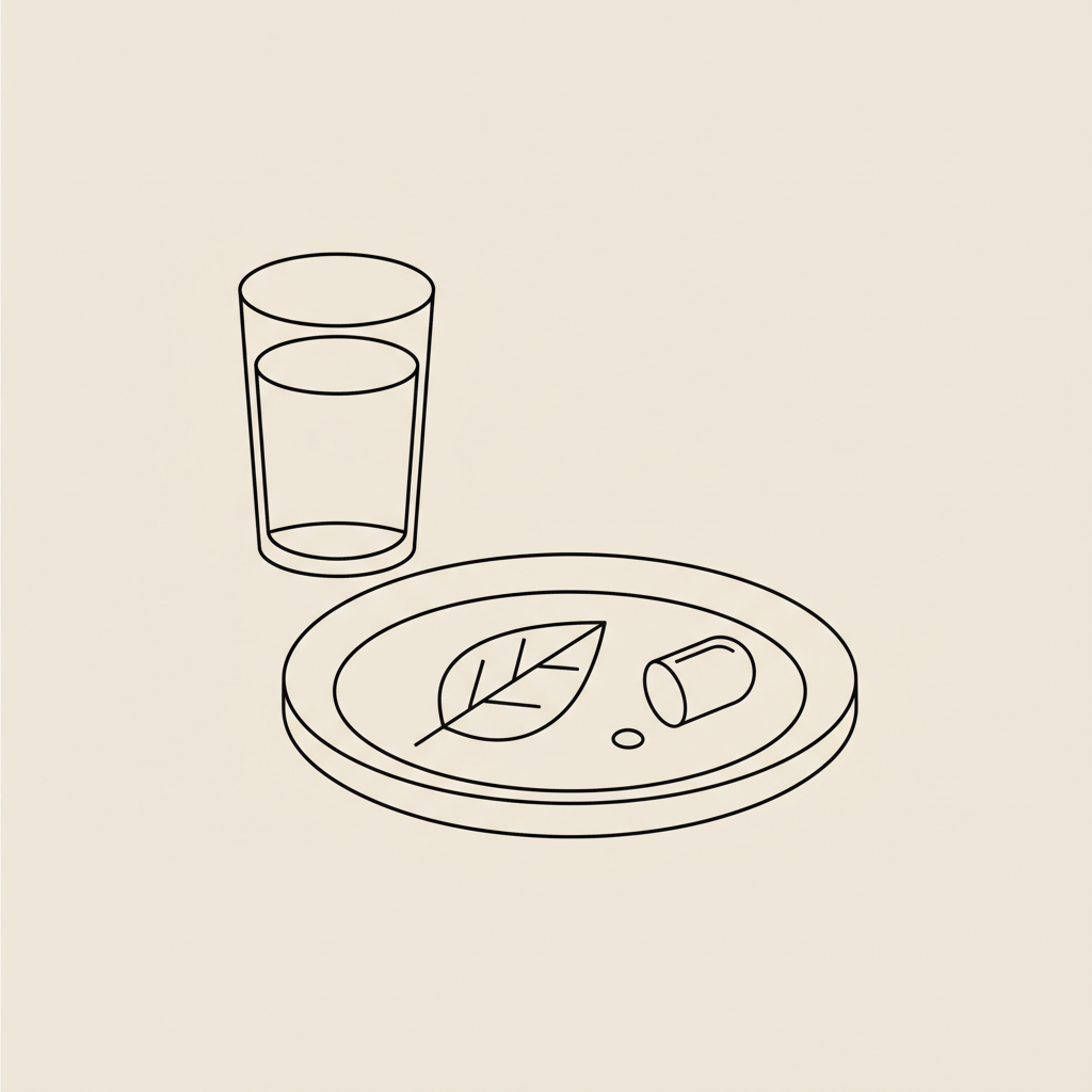 Minimalist vector illustration of a plate with a stylized leaf, a capsule and a glass of water on a beige background, representing magnesium for weight loss.
