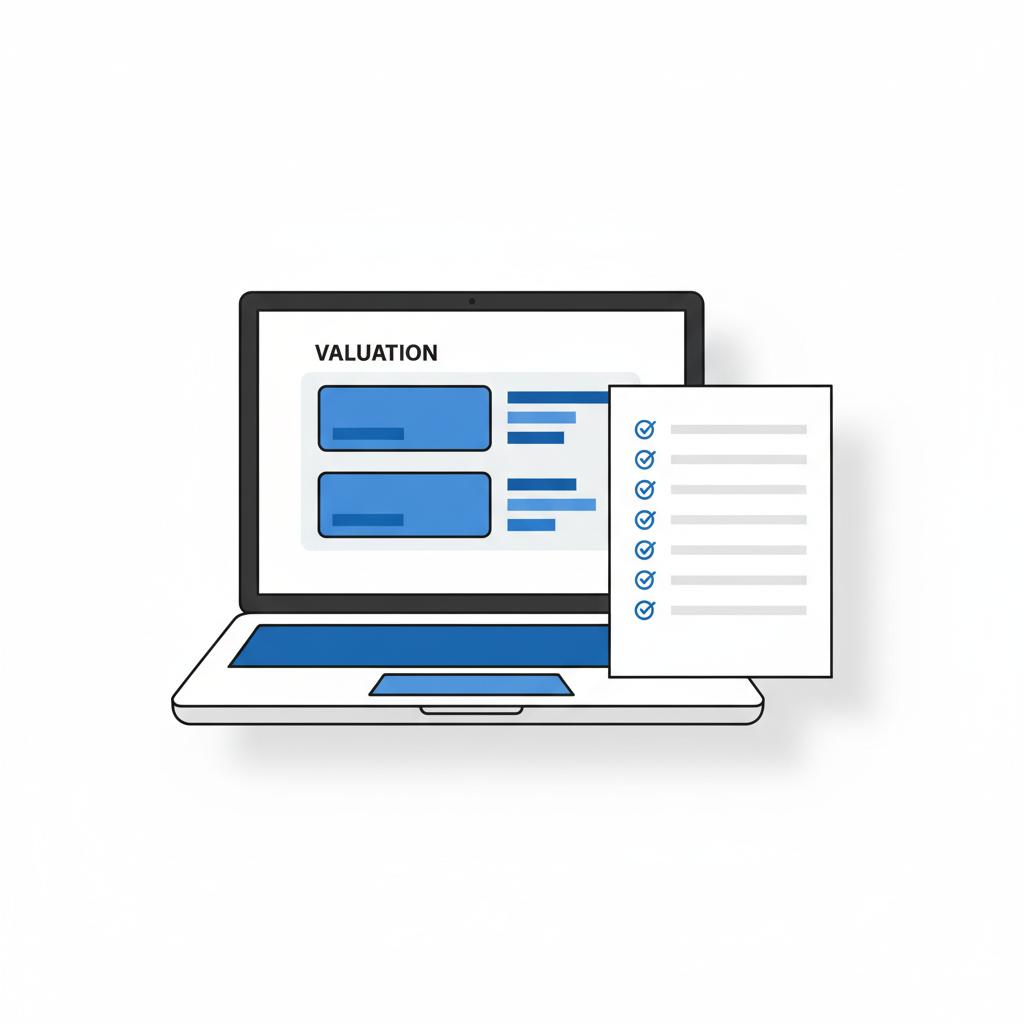 Minimalist 2D vector of a laptop showing a valuation dashboard next to a printed vehicle history report on a white background with blue accents representing kelley blue book vin lookup