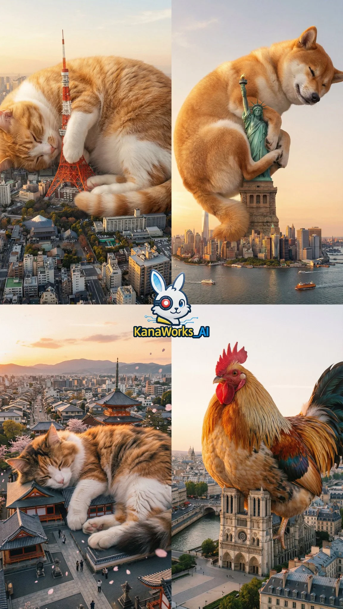 Escena de la Torre de Tokio ocupada por un gato gigantesco y adorable.