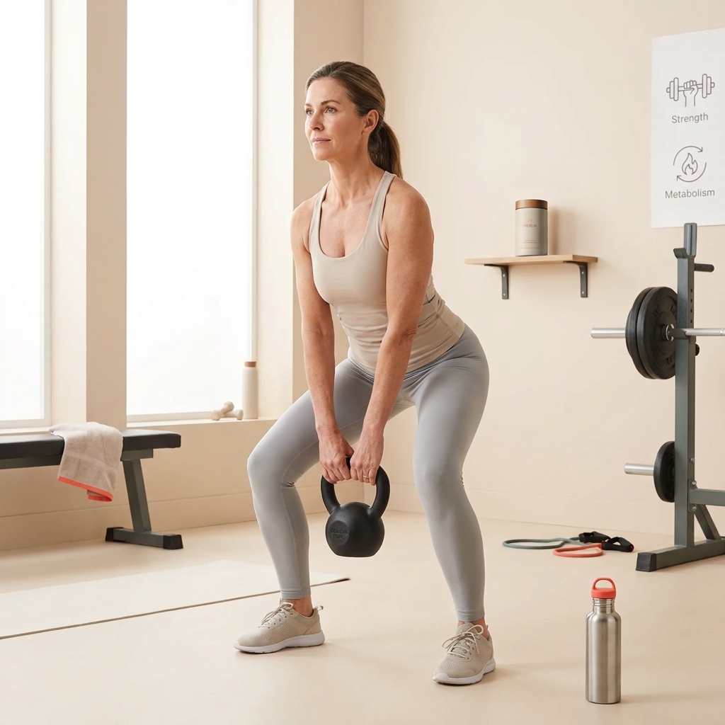 Midlife woman performing a kettlebell deadlift in a bright home gym with Tonum supplement container on a shelf - best metabolism booster for women over 40