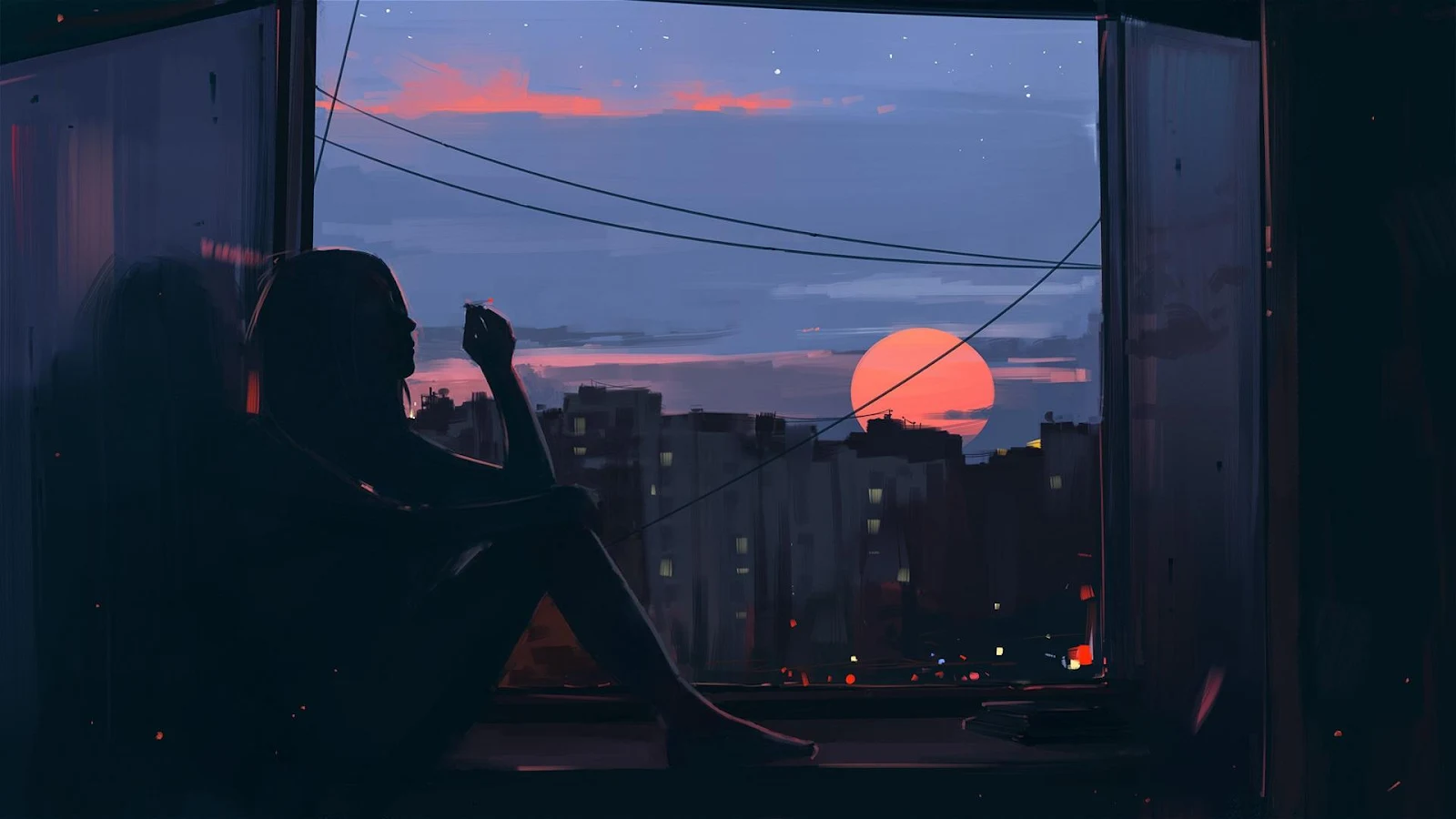 Silhouette Watching Sunset City View - Digital Art Full HD Wallpaper (1920x1080)