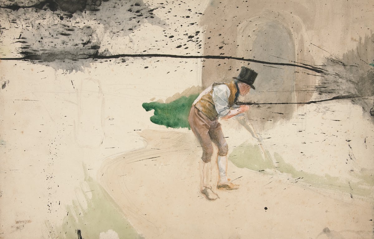 Man in tophat and shirtsleeves sweeping awalkway 1990