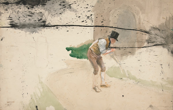 Man in tophat and shirtsleeves sweeping awalkway 1990