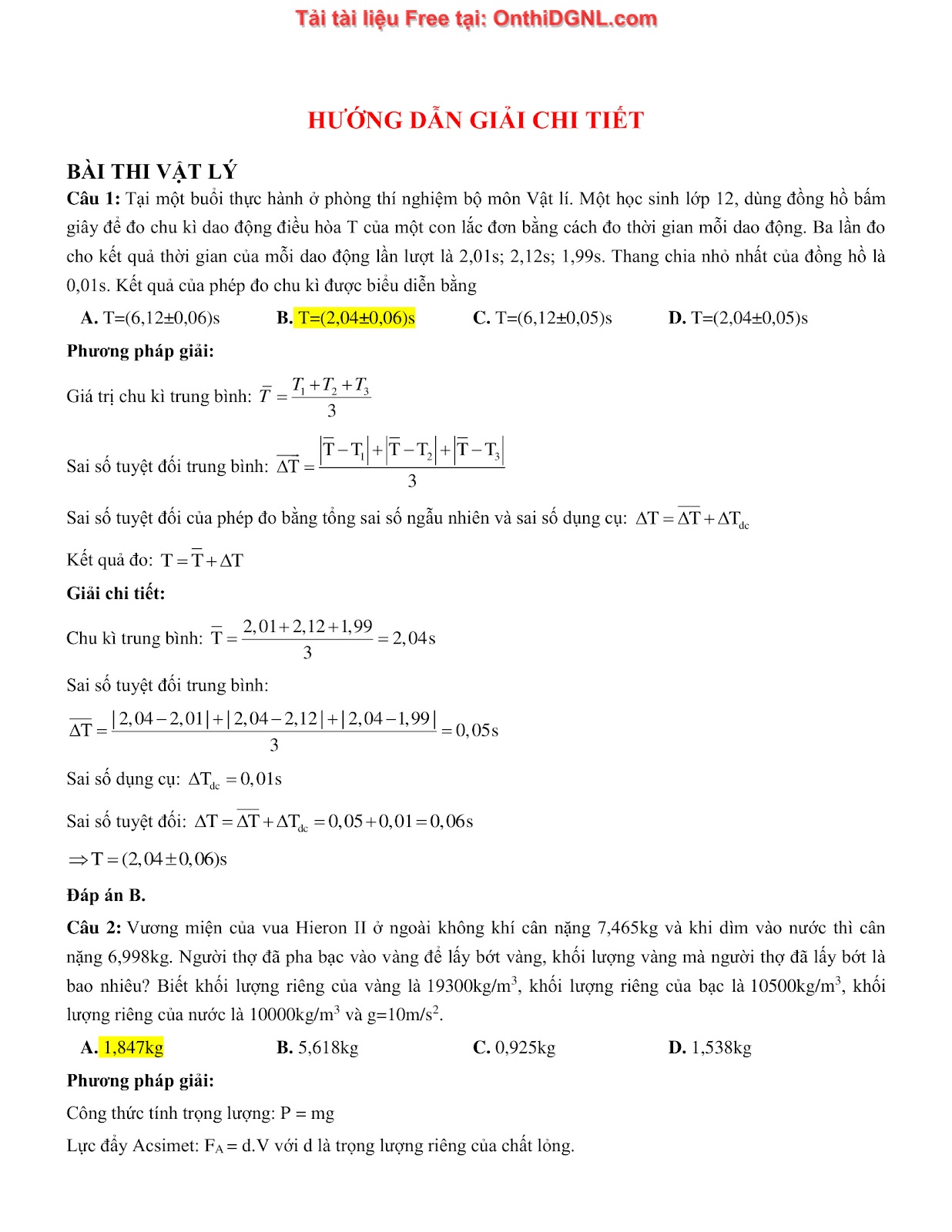 105 bài tập môn Vật Lý - Ôn thi ĐGNL Bách khoa Hà Nội Phần 6