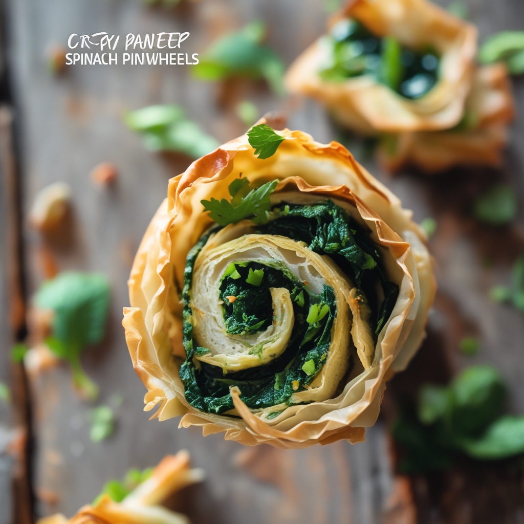 Crispy Savory Paneer & Spinach Filo Pinwheels with Mint-Coriander Chutney
