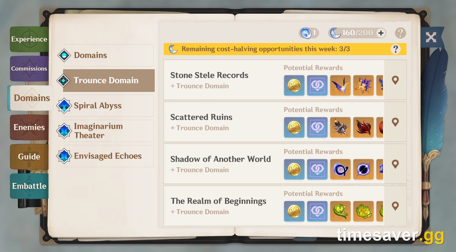 Genshin Impact Adventurer Handbook open on the Trounce Domain tab, with the banner reading Remaining cost-halving opportunities this week 3 of 3 above the list of Trounce Domains