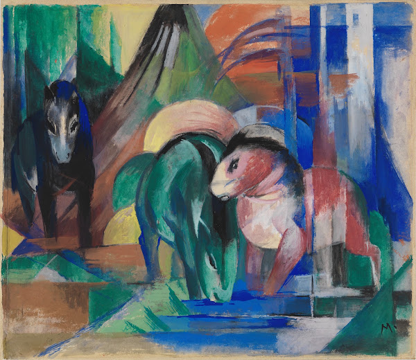Drei Pferde am Waldwasser 1913