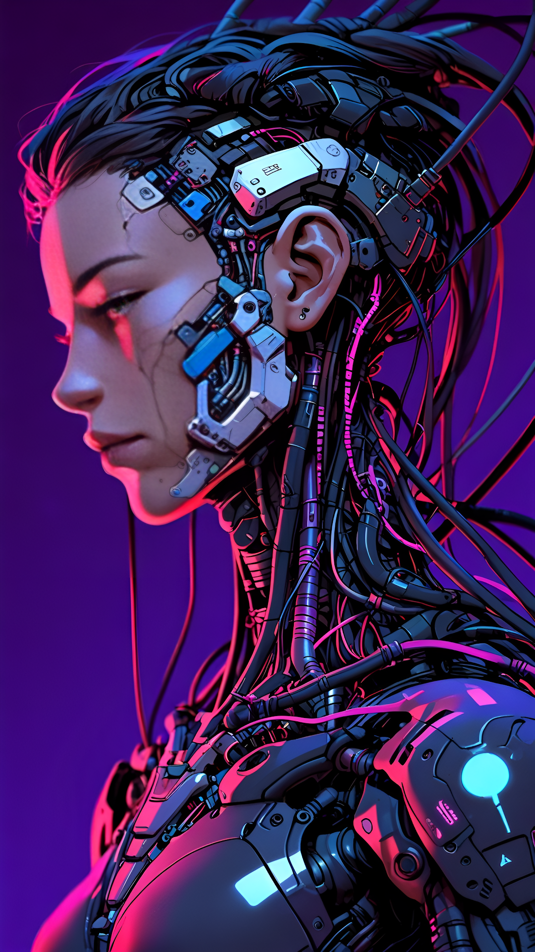 Cybernetic Woman with Exposed Wires and Neon Glow in Profile - Free 4K mobile Wallpaper