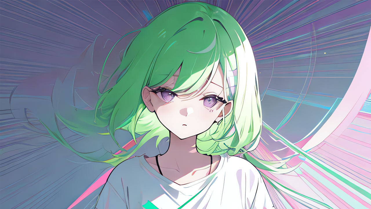 Pastel, Ai Art, Green Hair, Purple Eyes, Anime Girls 4K Desktop Wallpaper