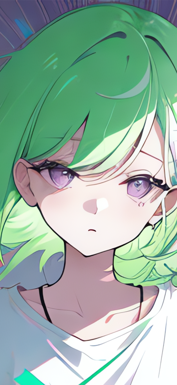 Pastel, Ai Art, Green Hair, Purple Eyes, Anime Girls 4K Phone Wallpaper