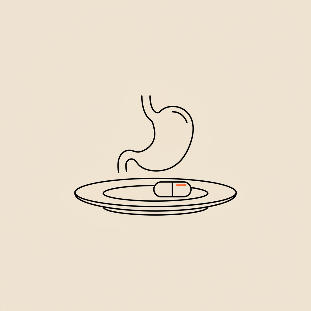 Will probiotics flatten your stomach? Minimalist line illustration of a plate, a capsule, and a stylized stomach on beige #F2E5D5 background, Tonum-style vector icon.