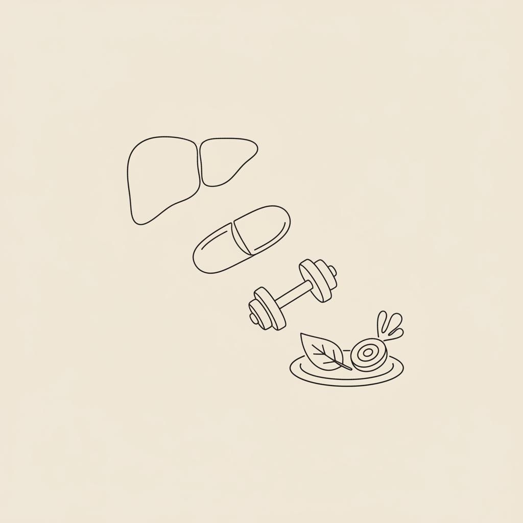 Tonum-style minimalist vector line illustration of a liver silhouette, capsule, dumbbell and vegetable plate on beige background — how do you know your fatty liver is healing