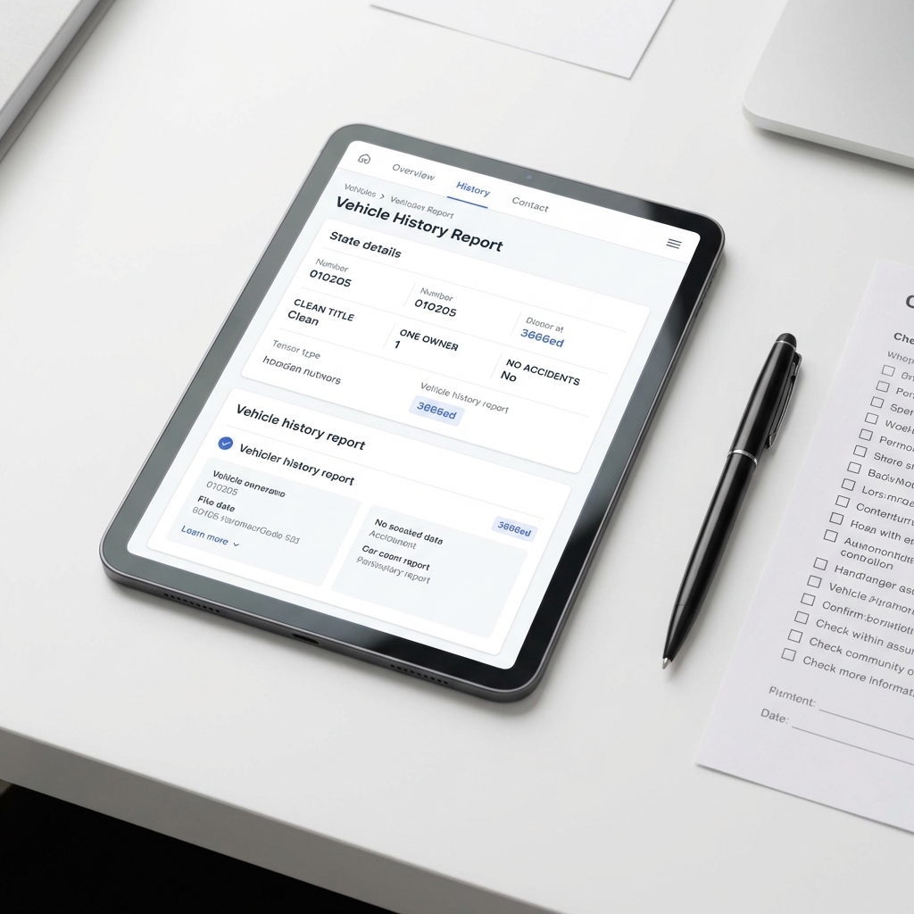 Close up tablet showing vehicle history report next to pen and inspection checklist on white surface minimalist CarFax Deals style with blue accents 3666ed affordable cars near me