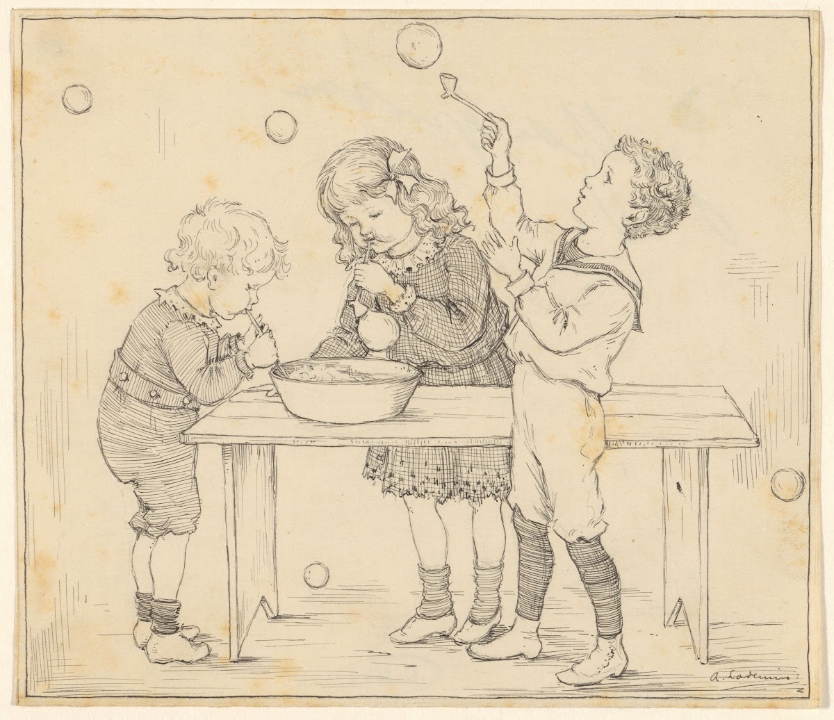 Drie kinderen blazen zeepbellen