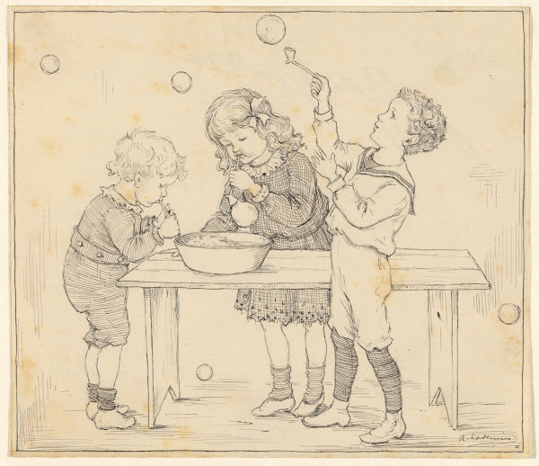 Drie kinderen blazen zeepbellen