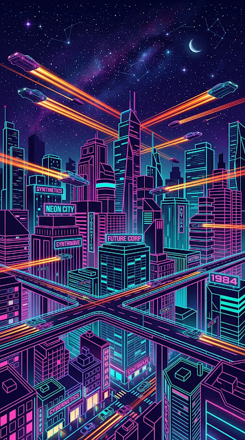 Retro-Futuristic 1980s Sci-Fi City with Neon Skyscrapers and Flying Cars - Free mobile Wallpaper