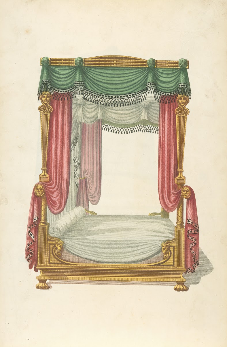 Canopy bed with green and red drapery 1805   1806