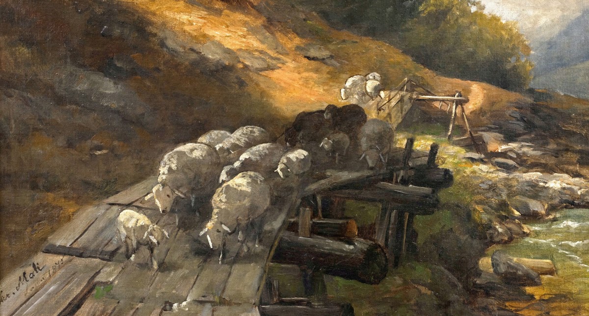 Ziehende Schafherde bei Lana in Südtirol 1875