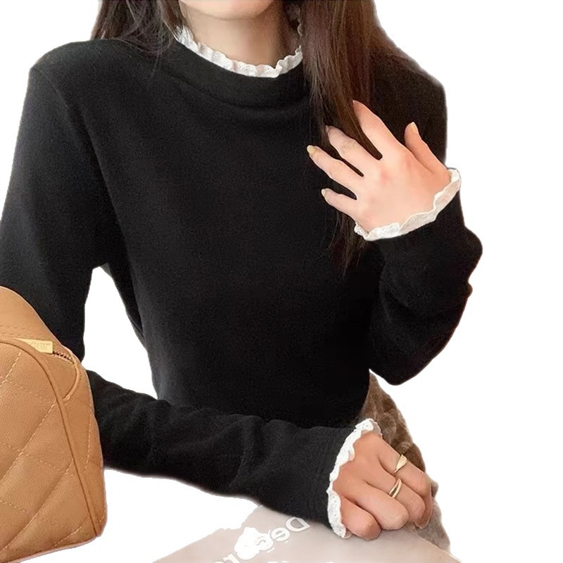 Women's base layer shirt with lace trim and stand-up collar