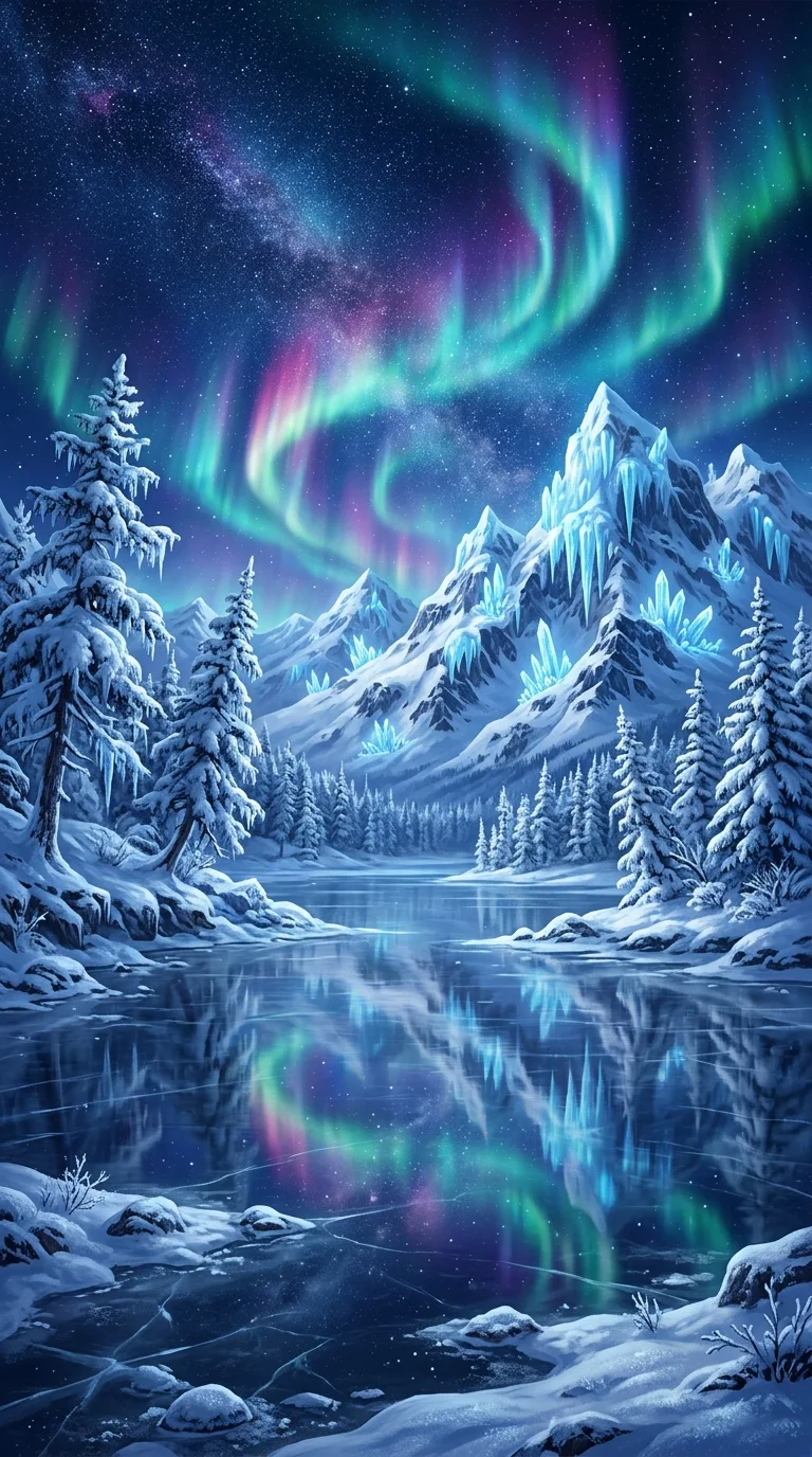 Fantasy Winter Landscape with Snow Mountains and Luminous Aurora - Free 4K mobile Wallpaper