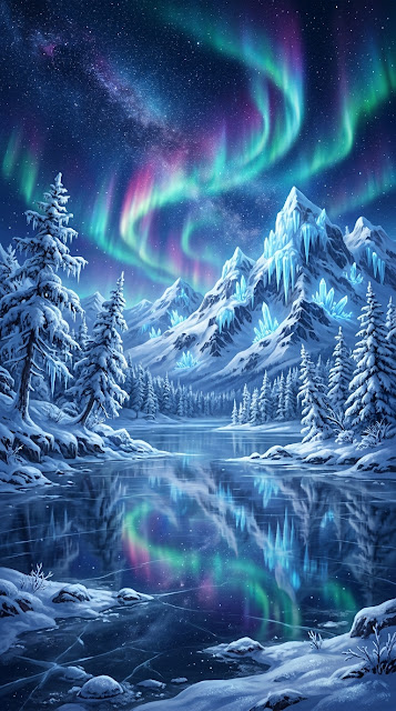 Fantasy Winter Landscape with Snow Mountains and Luminous Aurora - Free mobile Wallpaper